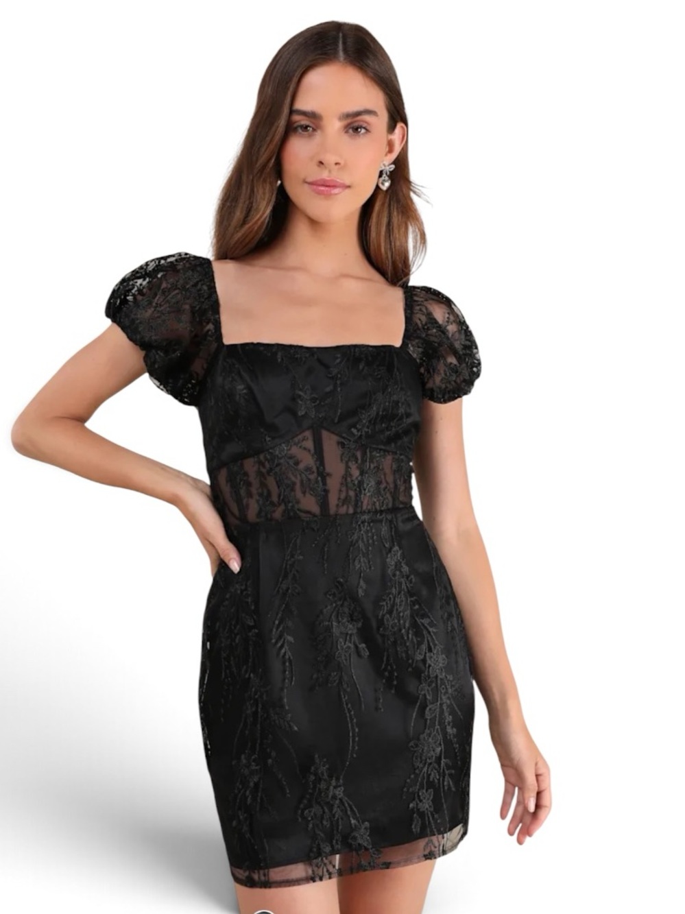 Lulus Seriously Cute Black Embroidered Mesh Puff Sleeve Mini Dress M NWT Corset